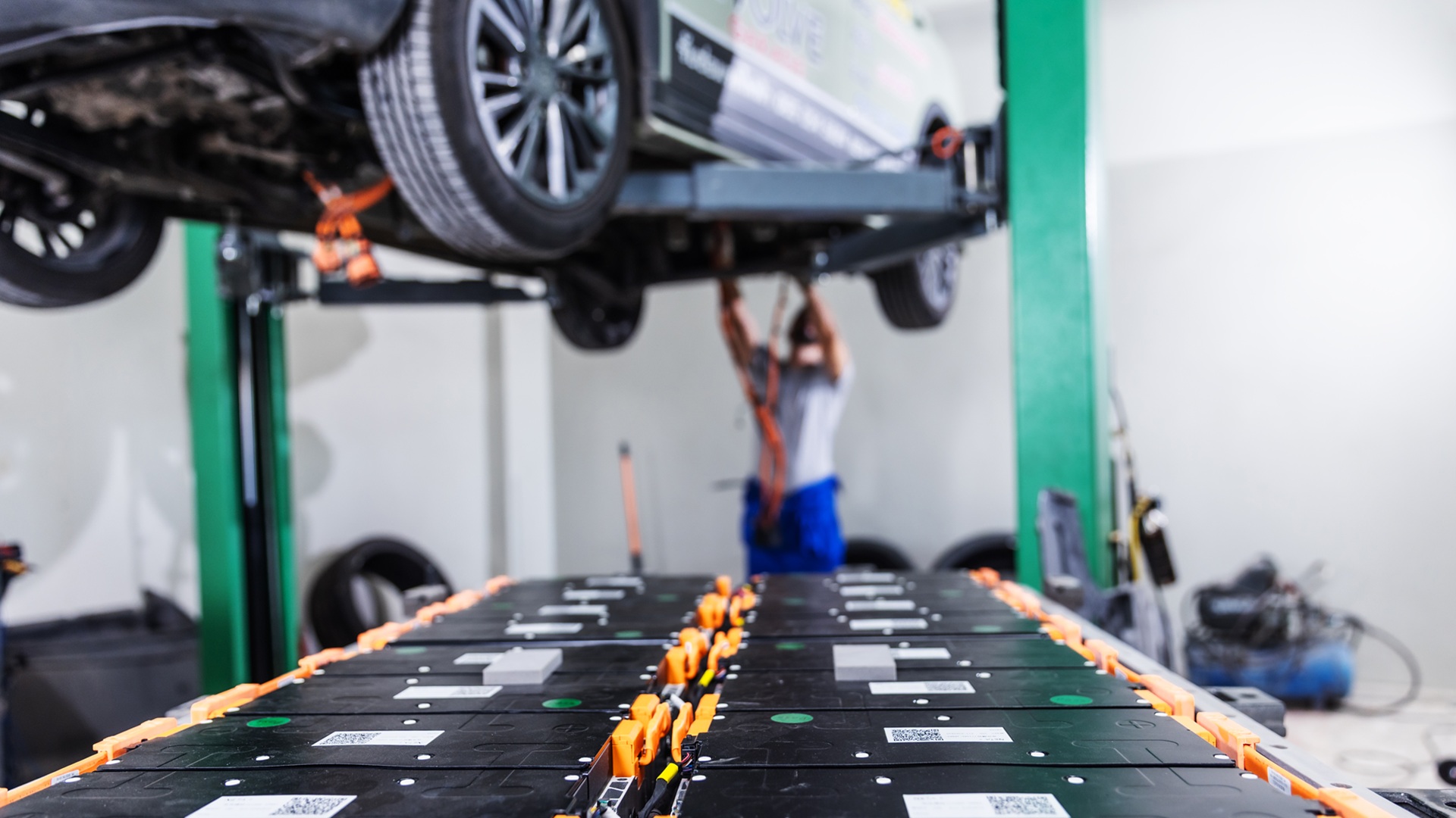 High-Voltage EV Battery Pack Ready for Inspection During Electri